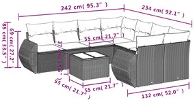 9 pcs conjunto sofás p/ jardim c/ almofadões vime PE castanho