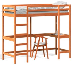 vidaXL Cama alta c/ secretária 80x200 cm pinho maciço castanho-mel