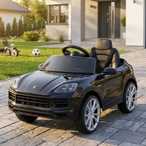 Carro elétrico para Crianças 2 a 5 anos 12V Porsche Cayenne, Rodas de espuma EVA, Controlo Remoto, assento Couro ecológico Preto