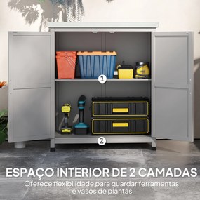 Armário de Exterior em Madeira com Tampo de Aço Galvanizado Prateleira 2 Portas  para Armazenamento de Ferramentas 79x43x92 cm Cinza