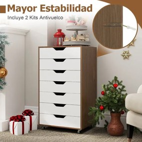 Móvel gavetas para escritório com 7 gavetas 49 x 40 x 87 cm com 4 rodas universais Arquivo vertical de madeira com rodas natural