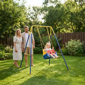 Estrutura de Baloiço Infantil Dobrável Estrutura Metálica para 1 Baloiço com 2 Ganchos 4 Estacas 128x155x157 cm Azul