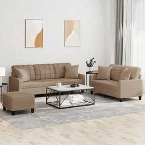 vidaXL 3 pcs conjunto sofás c/ almofadas couro artificial cappuccino