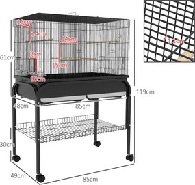 Gaiola grande para pássaros com rodas, ideal para cacatuas, periquitos, canários e papagaios – 85 x 49 x 119 cm, preta