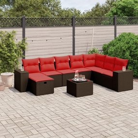 vidaXL 9 pcs conjunto sofás p/ jardim c/ almofadões vime PE castanho