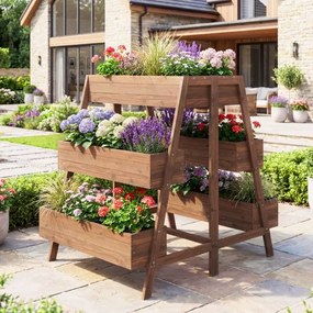 Floreira de jardim elevada de vários níveis em madeira com base de ripas e forro preto para interior e exterior castanho