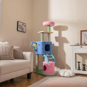 Arranhador para gatos 75 x 40 x 154 cm com tema de elefante com cama acolchoada, postes de sisal, 2 condomínios para interior azul