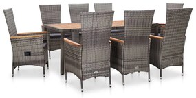 vidaXL 9 pcs conjunto jantar exterior c/ almofadões vime PE cinzento