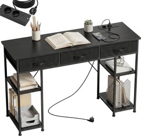 Secretária com espaço de arrumação e tomadas elétricas, 3 gavetas em tecido e 4 prateleiras, 120 x 40 x 76 cm, preta