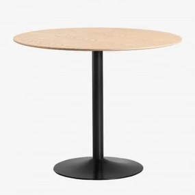 Mesa De Jantar Redonda Em Mdf E Ferro Yvetta Preto & Ø90 Cm & Castanho Roble - Sklum