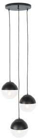 Candeeiro suspenso retro preto com vidro transparente redondo 3 luzes - Eclipse Retro