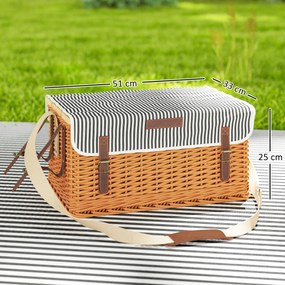 Cesto de piquenique em vime para 4 pessoas 51 x 33 x 25 cm com tabuleiro para garrafas em pinho; cesto de piquenique com alça ajustável em castanho cl