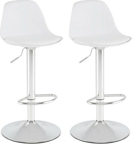 Conjunto de 2 bancos giratórios de bar com encosto ajustável em altura, estofados em couro sintético e apoio para os pés branco e prata