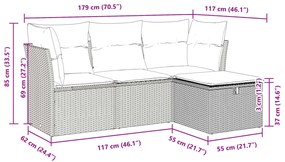 4 pcs conjunto sofás de jardim c/ almofadões vime PE cinzento