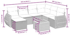 8 pcs conjunto sofás de jardim com almofadões vime PE preto