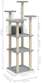Árvore p/ gatos c/ postes arranhadores sisal 171 cm cinza-claro