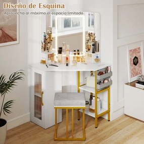Toucador com Banco e espelho 108 x 50 x 143 cm, Luzes led,  estação de carregamento, com espelho triplo 3 cores de luz Branca
