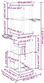 Árvore p/ gatos c/ postes arranhadores sisal 147 cm cinza-claro
