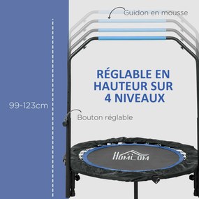 Trampolim de fitness e ginástica com pega ajustável, dobrável, 6 pés, 28 molas, Ø 102 cm, preto e azul