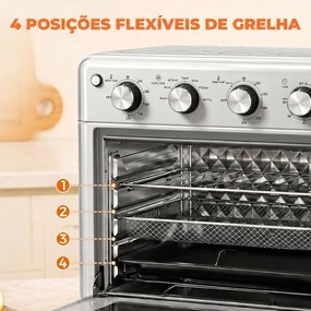 Forno Elétrico de Bancada 30 L 1600 W com Fritadeira a ar 7 Funções e Temporizador 43x39x39 cm Prata