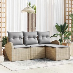vidaXL Conjunto de Sofás de Jardim de 4 Peças com Almofadas Bege Rattan Poliéster
