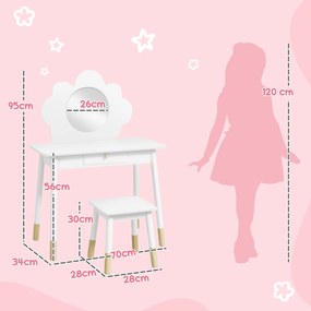 Conjunto de Toucador e Banco para Criança, 70 x 34 x 95 cm, Espelho em Forma de Nuvem, Branco