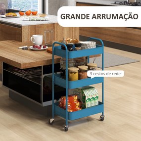 Carrinho Auxiliar de 3 Níveis com Rodas Carrinho de Armazenamento Deslizante para Cozinha Sala 45x30.6x79 cm Azul Escuro