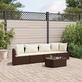 vidaXL 5 pcs conjunto sofás p/ jardim c/ almofadões vime PE castanho