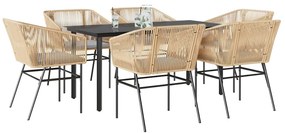 Conjunto jantar jardim 7 peças almofadas vidro vime PE castanho