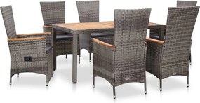 vidaXL 7 pcs conjunto jantar exterior com almofadões vime PE cinzento