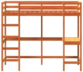 Cama alta c/ secretária 80x200 cm pinho maciço castanho-mel