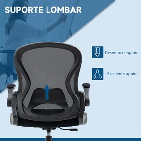 Cadeira de Escritório com Encosto Médio Suporte Lombar Apoio para os Braços Dobrável e Altura Ajustável Carga Máxima 120kg 59x65x110-130cm Preto