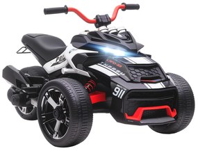 Mota elétrica para Crianças 12V com 2 Motores Velocidade até 5 km/h 3 Rodas Faróis Buzina Música 113x74x63 cm Preto e Branco