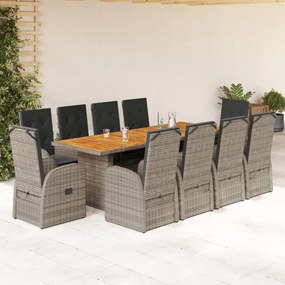 vidaXL 11 pcs conjunto jantar p/ jardim c/ almofadões vime PE cinzento