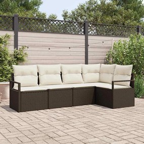 vidaXL Conjunto de Sofá para Jardim de 5 Peças com Almofadas Castanhas de Rattan Poliéster