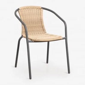 Pack De 4 Cadeiras De Jardim Empilháveis Com Braços Em Aço E Vime Sintético Kalymana Cinza Grafite - Natural - Sklum