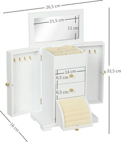 Caixa de joias para mulher 26,5 x 16 x 33,5 cm com 4 níveis, baú de joias em madeira com abas, espelho e 2 gavetas, branco