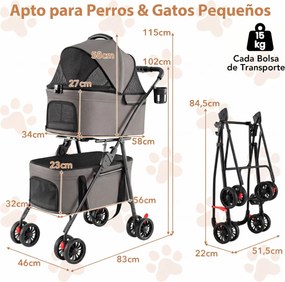 Carrinho duplo para animais de estimação 3 em 1, dobrável, com 2 caixas de transporte removíveis, assentos tipo cadeira de carro, 4 rodas, bloqueio de