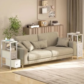 Conjunto de 2 Mesas Cabeçeiras ou mesas Apoio Estreitas 20x40x63 cm com Tomada AC Porta USB Porta USB-C 2 Gavetas Madeira e Branco