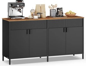Armário de arrumação sala, cozinha, escritorio 40 x 141 x 76 cm com 4 portas em aglomerado de madeira e aço preto e castanho-vintage