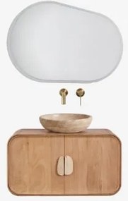 Conjunto De Móvel De Casa De Banho Suspenso 95x45 Cm Em Madeira De Manga E Pedra Natural Kivalina Oval Led E Anti-embaciamento 100x80 Cm Riben & Doura