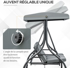 Baloiço de jardim de 3 lugares, conversível, com inclinação e teto ajustáveis, colchão de grande conforto e estofamento de 7 cm incluído Cinzento