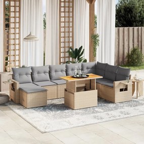 9 pcs conjunto de sofás p/ jardim com almofadões vime PE bege