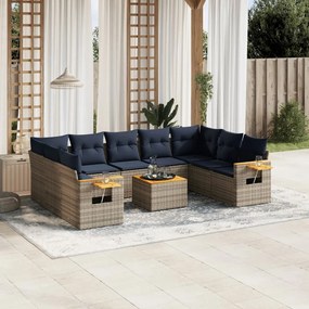 10 pcs conjunto sofás p/ jardim c/ almofadões vime PE cinzento