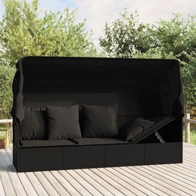 vidaXL Sofá lounge de exterior c/ toldo e almofadões vime PE preto