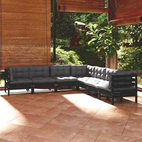 vidaXL 7 pcs conjunto lounge jardim c/ almofadões pinho maciço preto