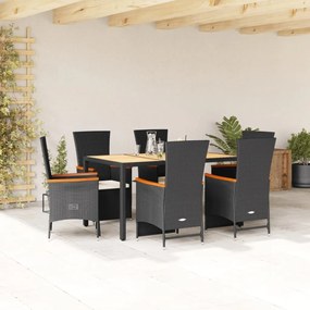 7 pcs conjunto de jantar p/ jardim c/ almofadões vime PE preto