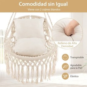 Cadeira suspensa jardim 101 x 69 cm com franjas 2 almofadas macias para o assento Corda e corrente Capacidade de carga 150 kg Bege