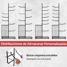 Estante de armazenamento de bolas de 7 níveis Estante de basquetebol com 7 barras de suspensão amovíveis e cesto lateral para bolas