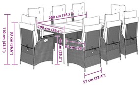 9 pcs conjunto jantar p/ jardim c/ almofadões vime PE castanho